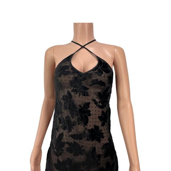 Vintage Morgan Taylor Black Sheer Slip Dress SZ S Velvet Floral By Fantasies - Picture 13 of 16